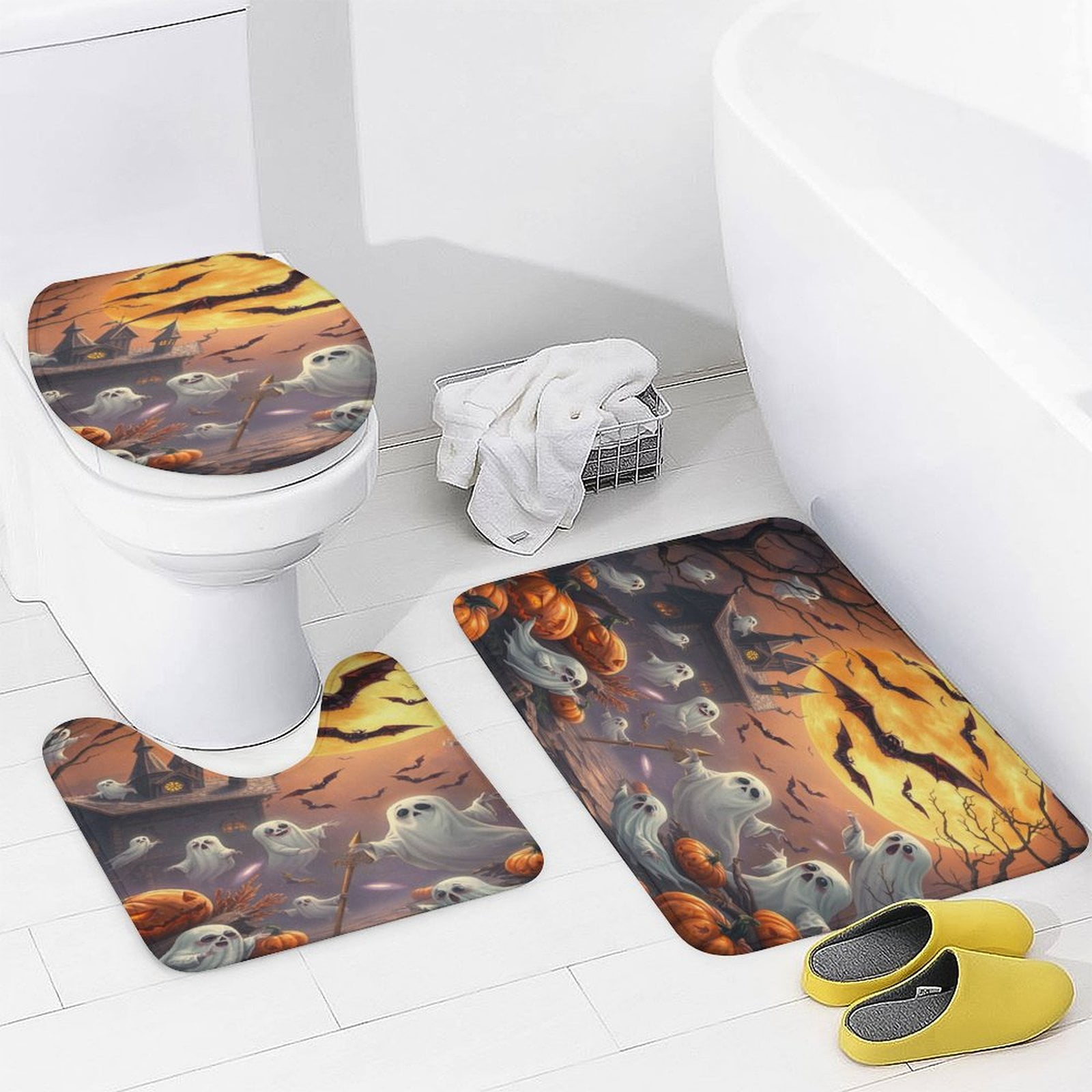 Spooky Halloween Ghosts Pumpkins Bathroom Rugs Set 3 Piece with Non ...