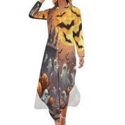 YHX66 Spooky Halloween Ghosts Pumpkins Chiffon Dress V Neck Dresses Women Casual Dress