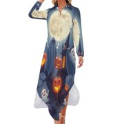 YHX66 Spooky Halloween Ghosts Pumpkins Moon Casual Dress Dresses V Neck Chiffon Dress Long Sleeve Clothes