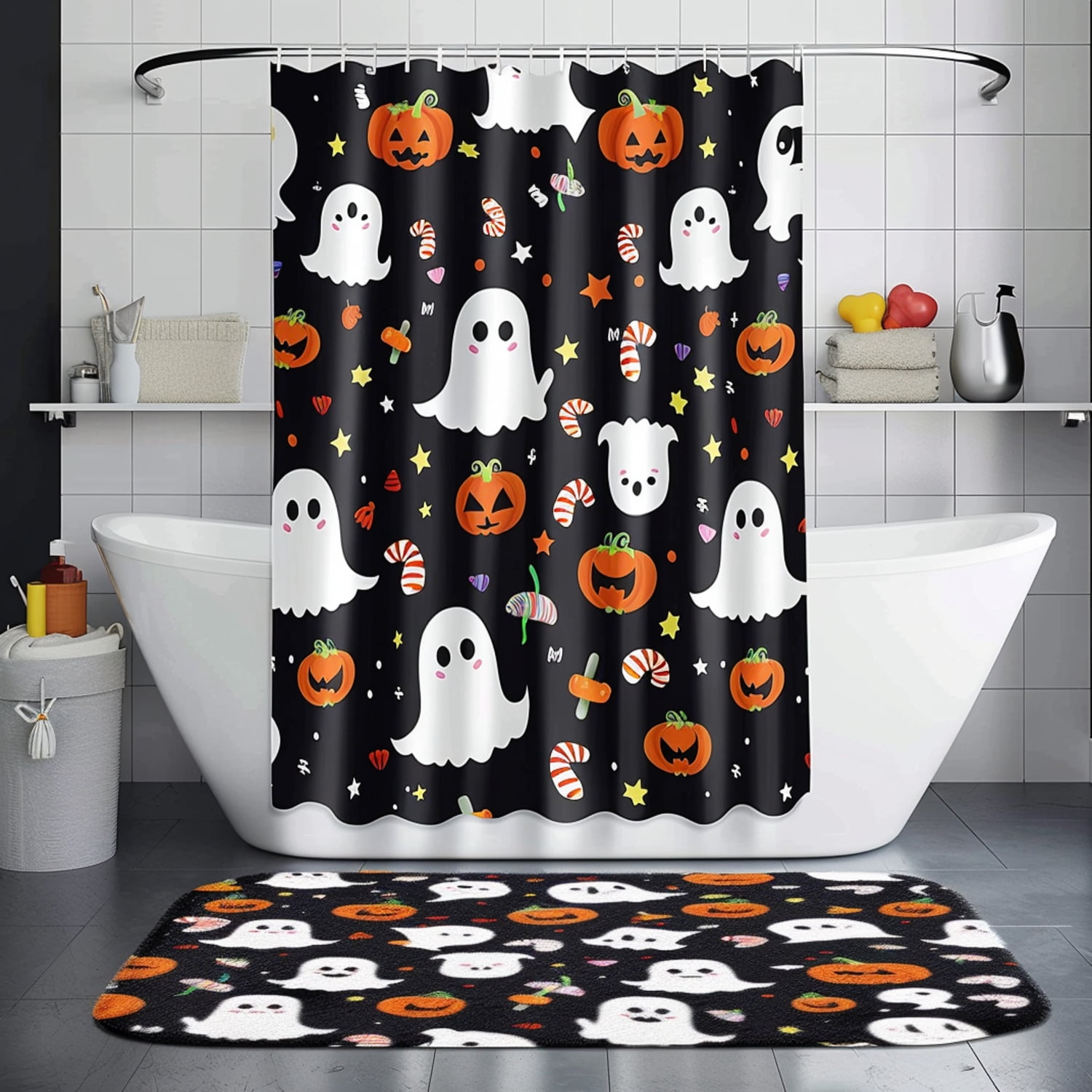 Spooky Halloween Ghosts and Pumpkins Bathroom Set Cartoon Style Decor