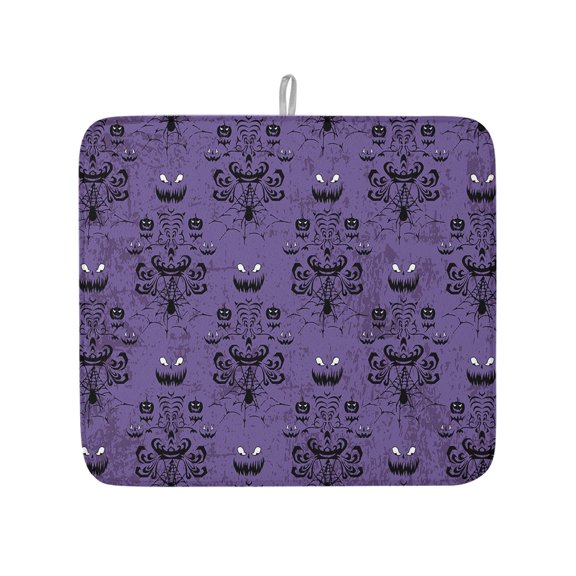 Spooky Halloween Haunted Ghost Cobweb Dish Drying Mats for Kitchen Counter,Absorbent Microfiber Dish Drainer Rack Mat Black Purple Drying Pad for Sinks,Utensils,Countertops,16x18in