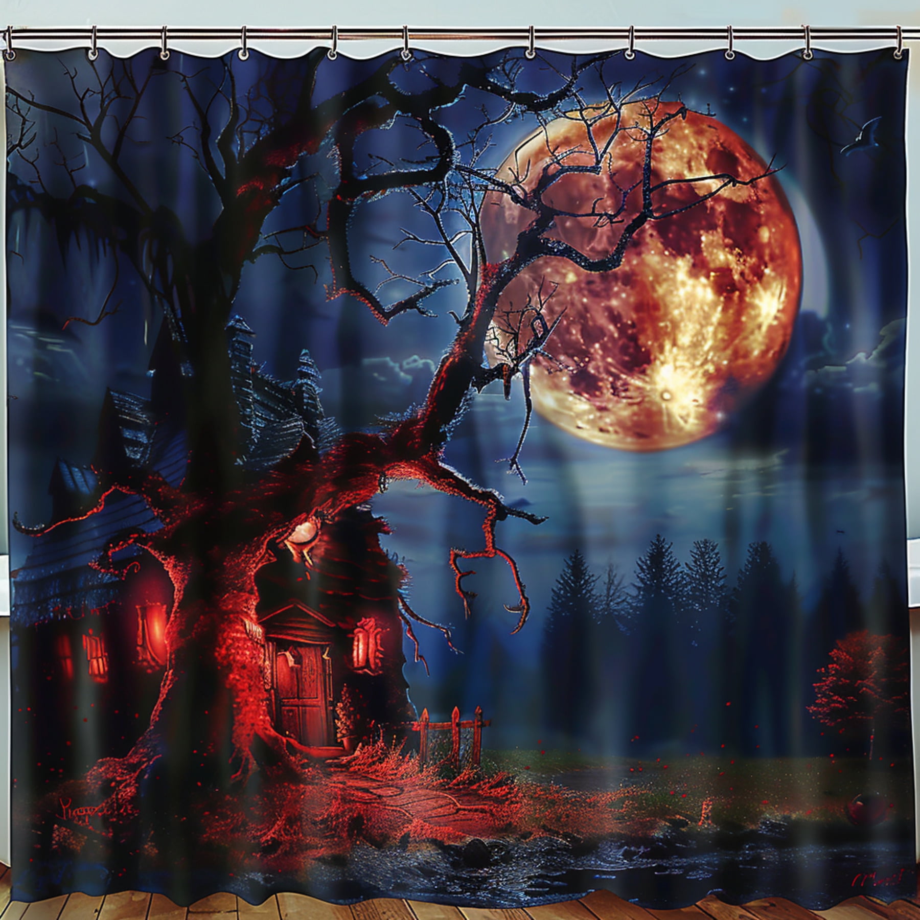 Spooky Halloween Haunted House Shower Curtain With Full Moon Spooky