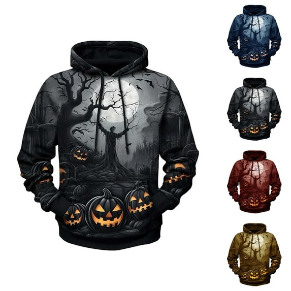 Spooky Halloween Hoodies for Men 2025 Long Sleeve 3D Graphic Hooded Sweatshirt with Pockets Halloween Pullover Tops