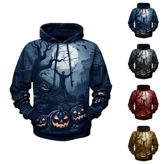 Spooky Halloween Hoodies for Men 2025 Long Sleeve 3D Graphic Hooded Sweatshirt with Pockets Halloween Pullover Tops