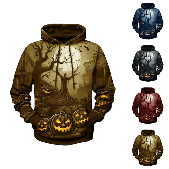 Spooky Halloween Hoodies for Men 2025 Long Sleeve 3D Graphic Hooded Sweatshirt with Pockets Halloween Pullover Tops