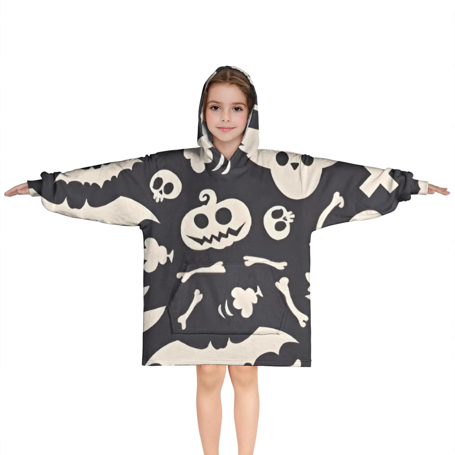 Spooky Halloween Icons Pattern Blanket Hoodies for Kids 6-13YR Oversize Wearable Blanket Hoodies for Boys Girls Teens