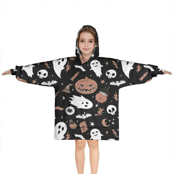 Spooky Halloween Icons Pattern Blanket Hoodies for Kids 6-13YR Oversize Wearable Blanket Hoodies for Boys Girls Teens