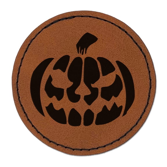 Spooky Halloween Jack o Lantern Pumpkin 2.5" Faux Leather Round Engraved Iron-On Patch - Brown