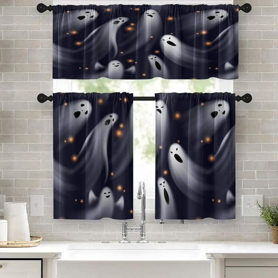 Spooky Halloween Kitchen Curtains Gothic Ghost Window Curtains Valance and Tier Set 36 Inch, Funny Rod Pocket Short Tier Curtain for Room, Scary Night Small Cafe Kitchen Decor