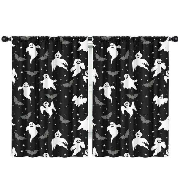 Spooky Halloween Kitchen Curtains Set with Witch Wizard and Ghost Motif,42x63in long Curtains Set