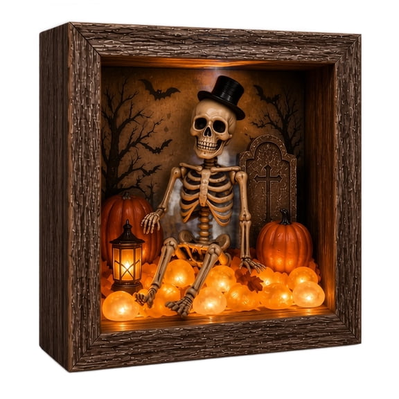 Spooky Halloween LED Light Shadow Box DIY Kit, 3D Pumpkin Witch Cat Scene Wooden Frame Craft, Farmhouse Entryway Fall Tabletop Decor Supply,D
