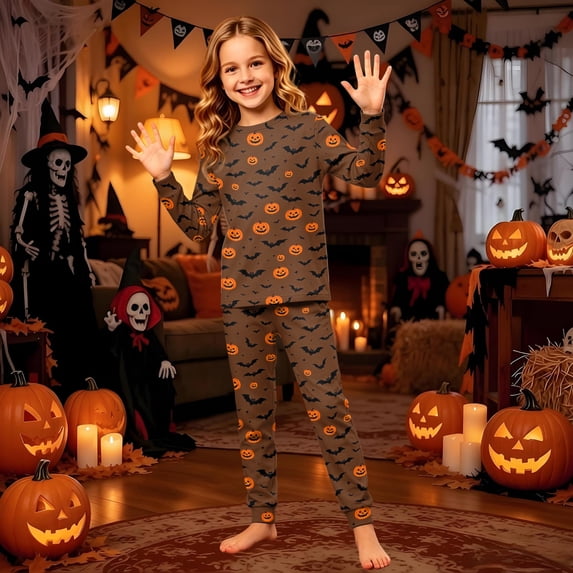 Spooky Halloween Matching Family PJs Pajamas Set, Pumpkin Ghost Long Sleeve Tops and Pants Lounge Sleepwear Set