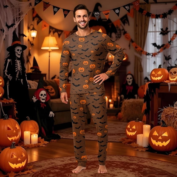 Spooky Halloween Matching Family PJs Pajamas Set, Pumpkin Ghost Long Sleeve Tops and Pants Lounge Sleepwear Set