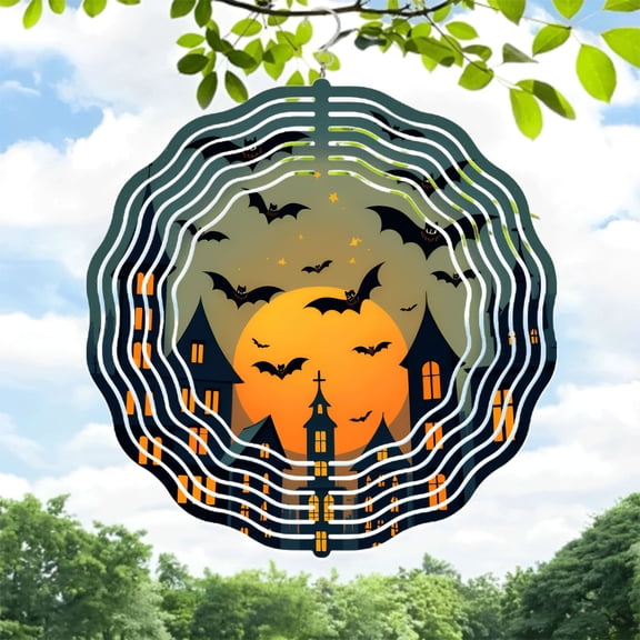 Spooky Halloween Metal Wind Spinner & Chime - Orange Moon & Bat Design for Yard & Garden Decor Unique Sound Waves Effect