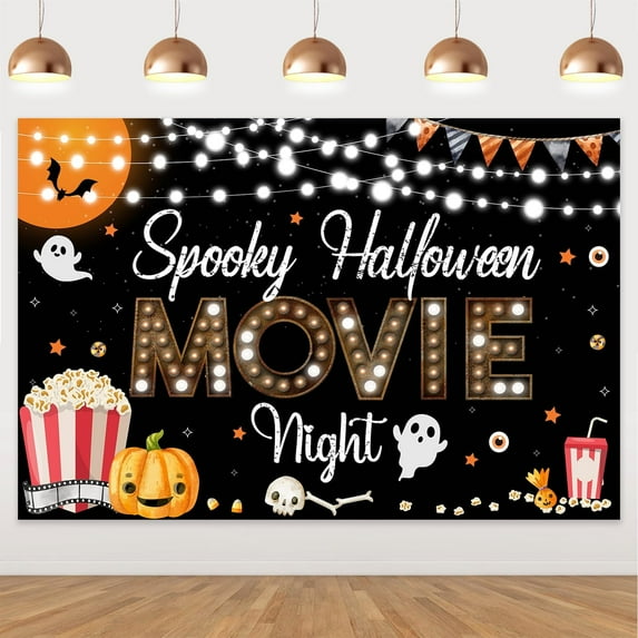Spooky Halloween Movie Night Backdrop Orange Black Halloween Party Decorations Moon Night Scary Pumpkin Popcorn Movie Night Photography Backdrop for Children Adult Halloween Party Decor Supplies 5x3ft