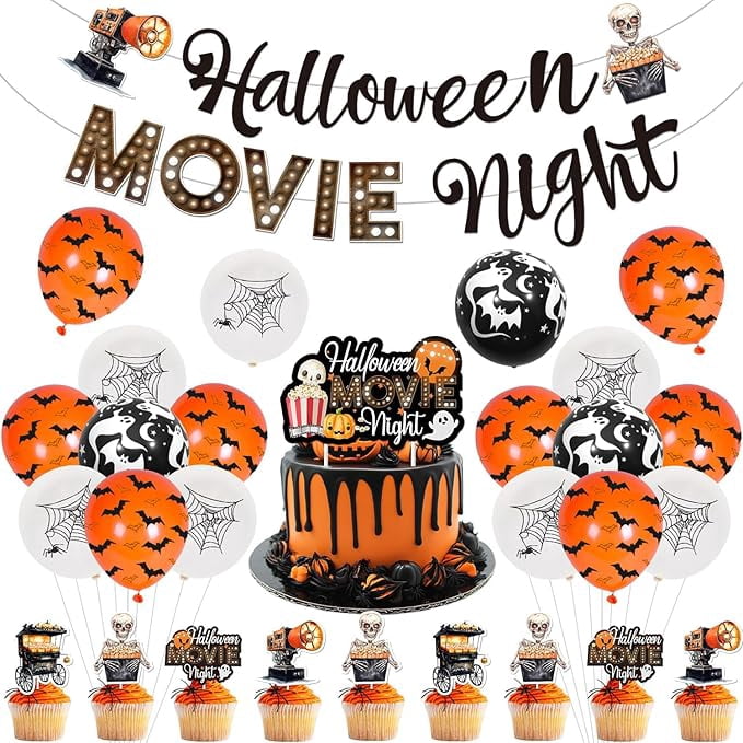 Spooky Halloween Movie Night Decorations Scary Movies Banner Skeleton