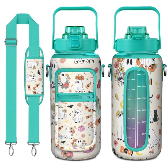 Spooky Halloween Night 64oz Leak-Proof Water Bottle - Gothic Bat & Cobweb Print Large Capacity Bottle for Outdoor Adventures
