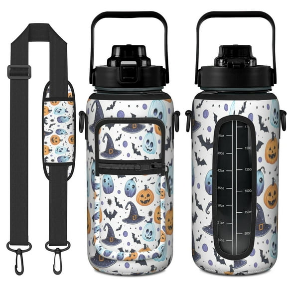 Spooky Halloween Night 64oz Water Bottle with Phone Holder - Large Capacity Leakproof Sport Bottle for Fitness & Outdoor Activities