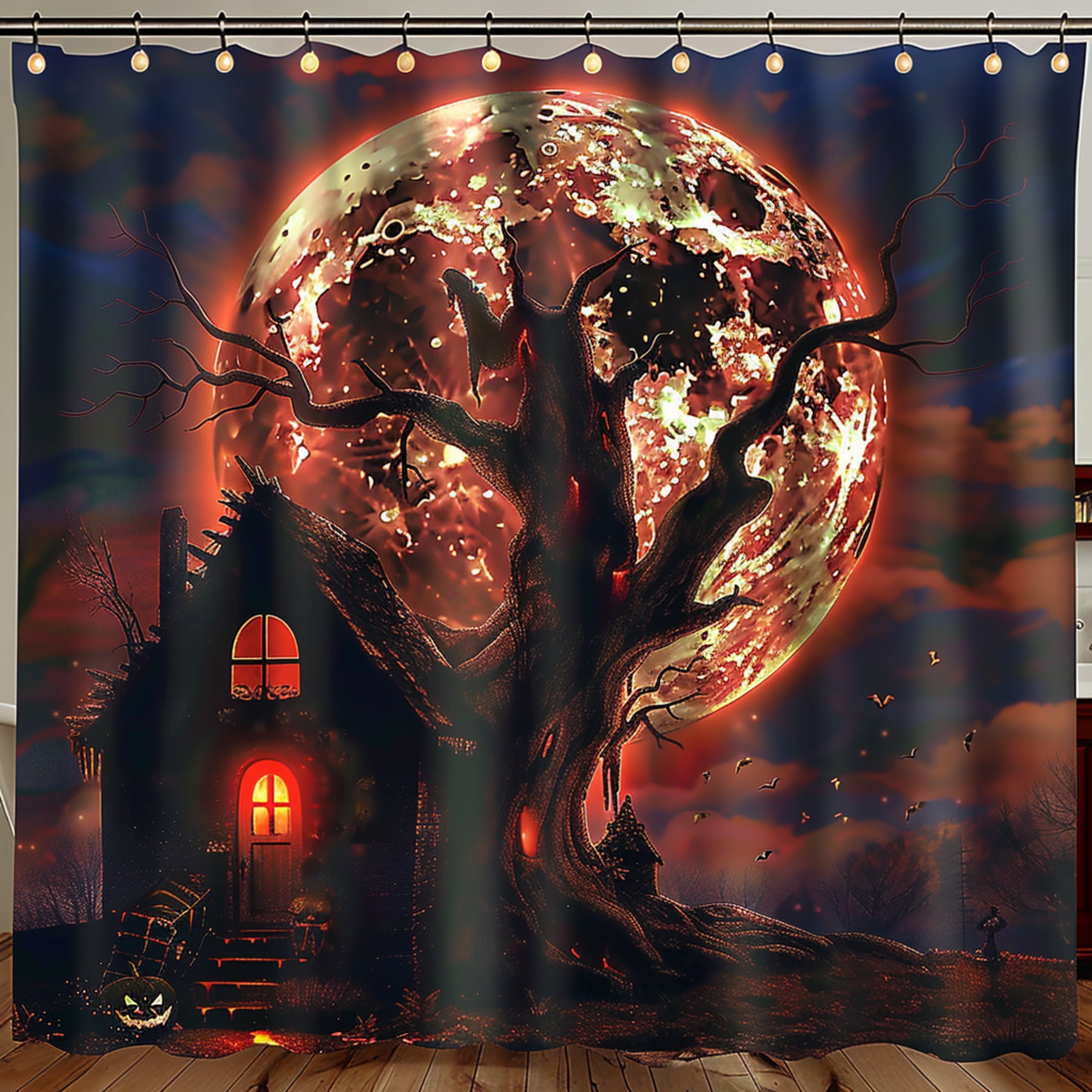 Halloween Night Shower Curtain - Ghost Haunted House Moon Design, 72x72 Inches, Polyester Fabric
