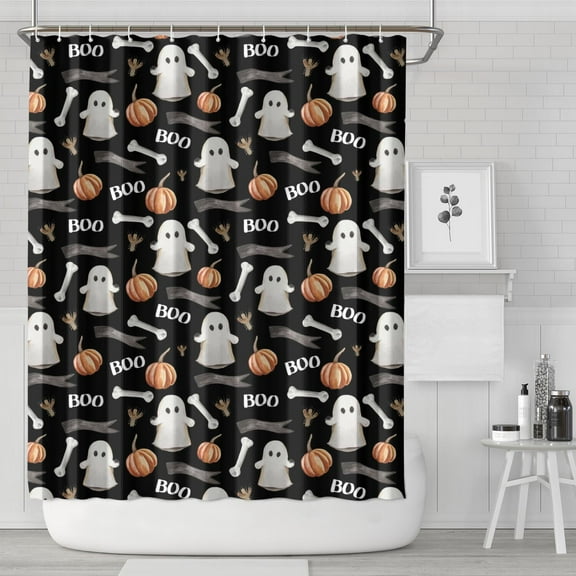 Spooky Halloween Night Shower Curtain Pumpkin Black Cat Pattern Waterproof Bathroom Drapes,72x84 inch Shower Curtain