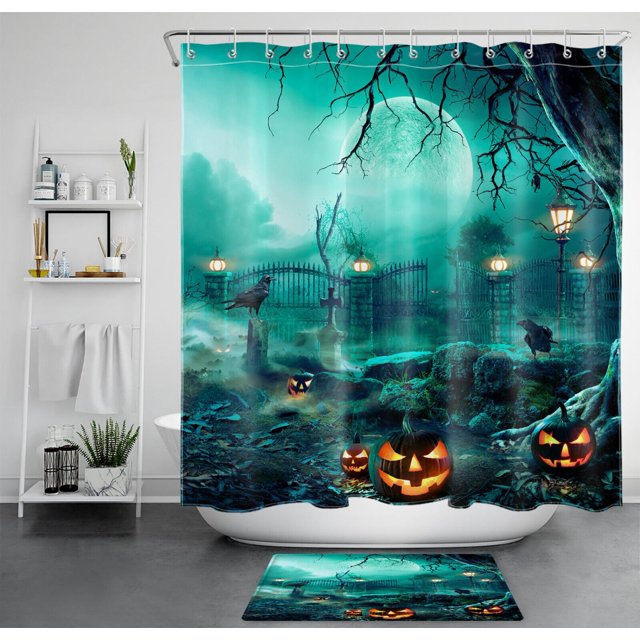 Spooky Halloween Night Shower Curtain Set With Pumpkin Crow And Full