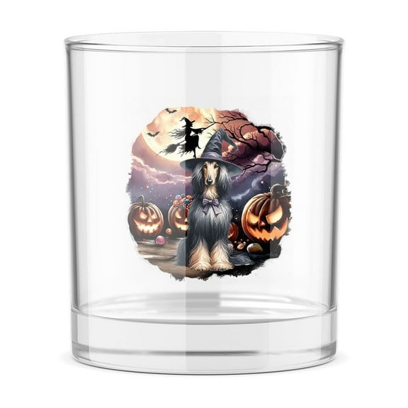Spooky Halloween Night Witch Afghan Hound Glowing Pumpkins 11oz Whiskey Glass Mug Dog Lover Whiskey Cocktail Glasses Cup - 12015
