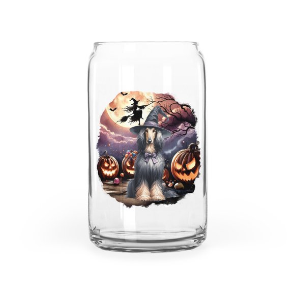 Spooky Halloween Night Witch Afghan Hound Glowing Pumpkins 16oz Glass Cup Mug Dog Lover Glass Can - 12015
