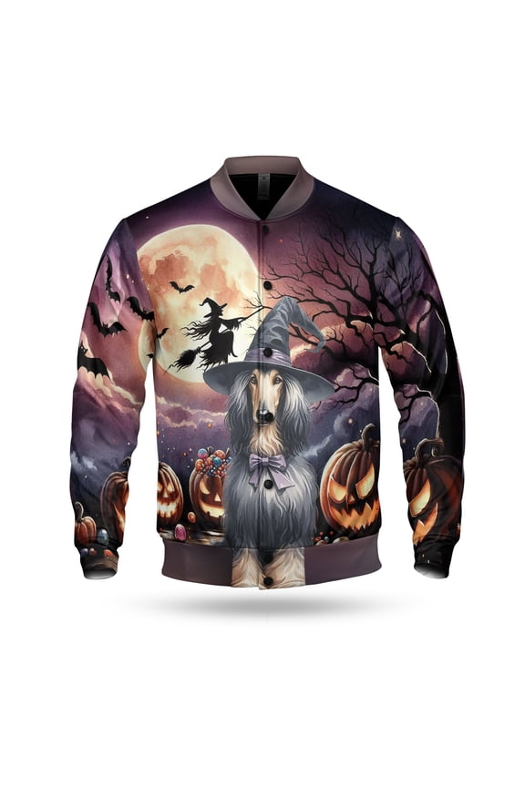Spooky Halloween Night Witch Afghan Hound Glowing Pumpkins All Over Print 3D Baseball Jacket Dog Lover Bomber Jacket Softball - 12015