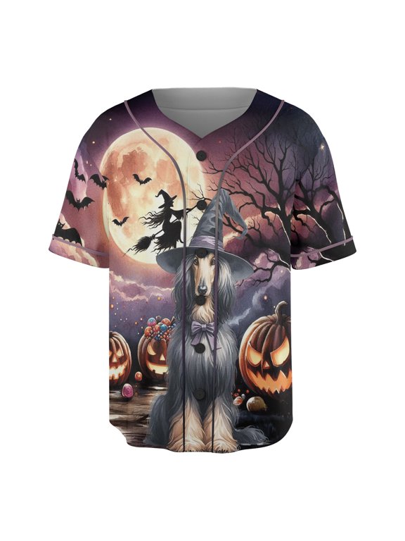 Spooky Halloween Night Witch Afghan Hound Glowing Pumpkins All Over Print 3D Baseball Shirt Dog Lover Softball Sport - 12015