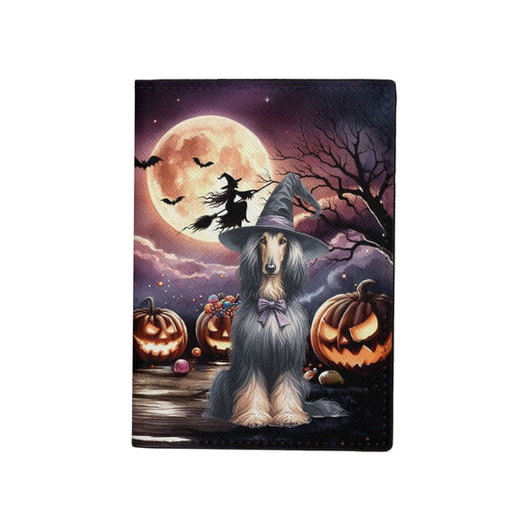 Spooky Halloween Night Witch Afghan Hound Glowing Pumpkins Travel Passport Wallet Dog Lover PU Leather Passport Holder Cover - 12015