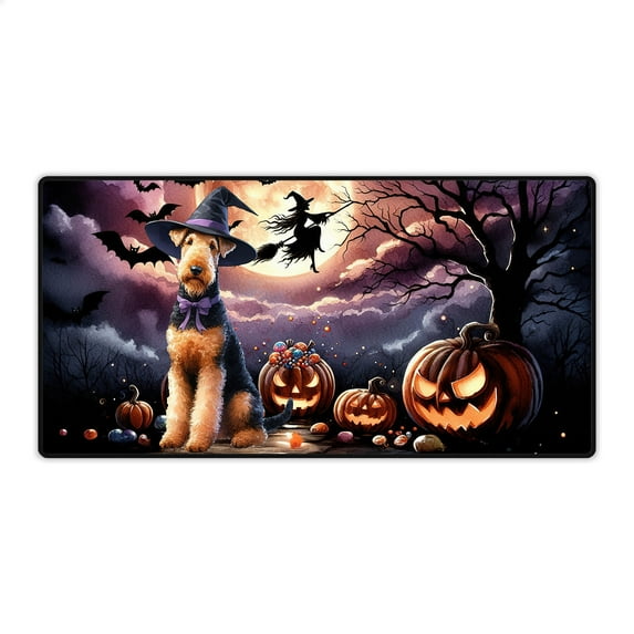 Spooky Halloween Night Witch Airedale Terrier Glowing Pumpkins Desk Mat Full Keyboard Mouse Pad Dale Waterside Dog Lover Large Mousepad - 12015