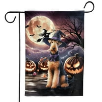 Spooky Halloween Night Witch Airedale Terrier Glowing Pumpkins Garden Flag 12x18in Double Sided Dale Waterside Dog Lover Outdoor Decor - 12015