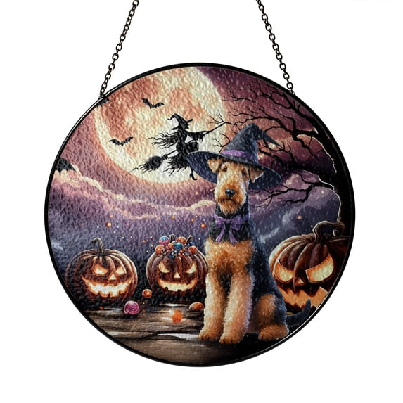 Spooky Halloween Night Witch Airedale Terrier Glowing Pumpkins Stained Glass Suncatcher Dale Waterside Dog Lover Window Hanging Sign Decor - 12015