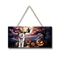 thumbnail image 1 of Spooky Halloween Night Witch Akita Glowing Pumpkins Landscape Wood Sign Inu Dog Lover Hanging Wall Home Decor - 12015, 1 of 5