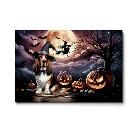 Spooky Halloween Night Witch Basset Hound Glowing Pumpkins Horizontal Matte Canvas Poster Bassets Dog Breed Lovers Gifts Idea Wall Art Home Decor - 12015