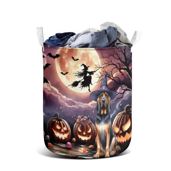 Spooky Halloween Night Witch Bloodhound Glowing Pumpkins Foldable Laundry Basket Dog Lover Organizer Storage with Handles - 12015