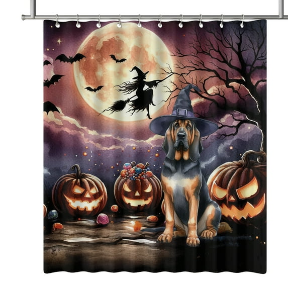 Spooky Halloween Night Witch Bloodhound Glowing Pumpkins Shower Curtain Dog Lover Waterproof Bathroom Bathtub Curtain - 12015