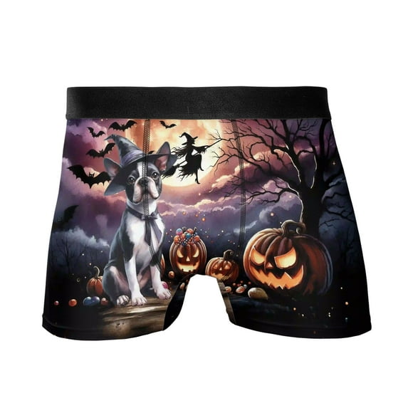 Spooky Halloween Night Witch Boston Terrier Glowing Pumpkins All Over Print Boxer Briefs Underwear for Men Dad Gentleman Dog Lover Gifts - 12015
