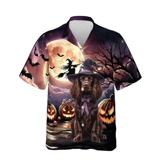 Spooky Halloween Night Witch Boykin Spaniel Glowing Pumpkins Hawaiian Shirt Breathable Summer Unisex Merch Dog Lover - 12015