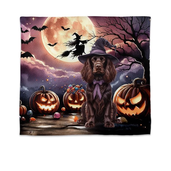 Spooky Halloween Night Witch Boykin Spaniel Glowing Pumpkins Tapestry Dog Lover Wall Hanging Backdrop Home Decor - 12015