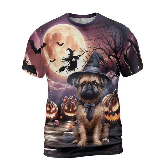Spooky Halloween Night Witch Brussels Griffon Glowing Pumpkins All Over Print 3D Shirt Unisex Merch Griff Dog Lover - 12015