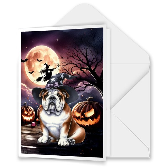 Spooky Halloween Night Witch Bulldog Glowing Pumpkins 5x7in Folded Greeting Card Dog Lover Gifts Idea Single Note Card with Envelope - 12015