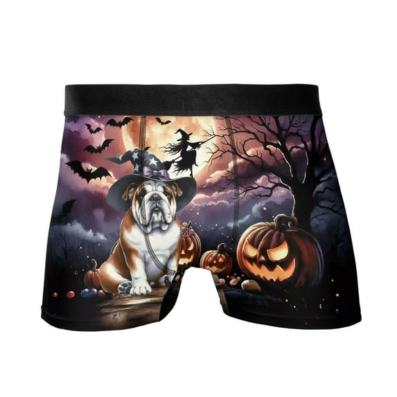 Spooky Halloween Night Witch Bulldog Glowing Pumpkins All Over Print Boxer Briefs Underwear for Men Dad Dog Lover Gifts Idea - 12015