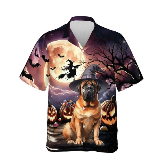 Spooky Halloween Night Witch Bullmastiff Glowing Pumpkins Hawaiian Shirt Breathable Summer Unisex Merch Dog Lover - 12015