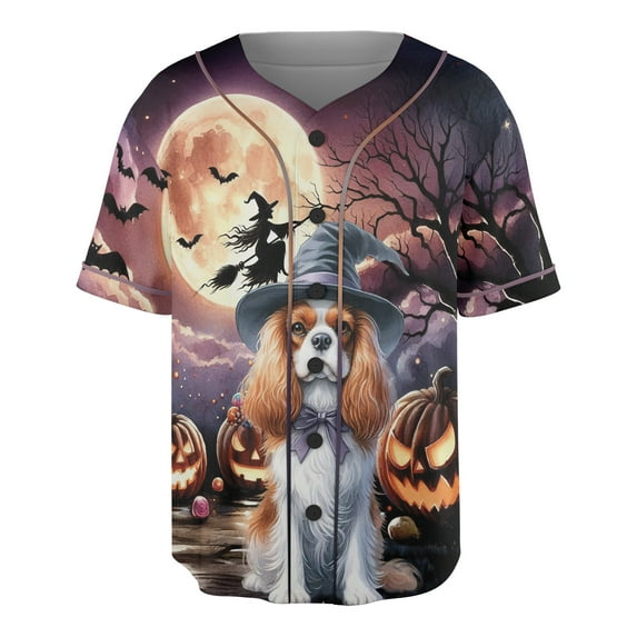 Spooky Halloween Night Witch Cavalier King Charles Spaniel Glowing Pumpkins All Over Print 3D Baseball Shirt Dog Lover Gifts Softball Sport - 12015
