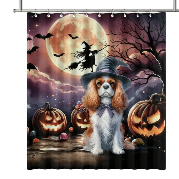Spooky Halloween Night Witch Cavalier King Charles Spaniel Glowing Pumpkins Shower Curtain Dog Lover Gifts Waterproof Bathroom Bathtub Curtain - 12015