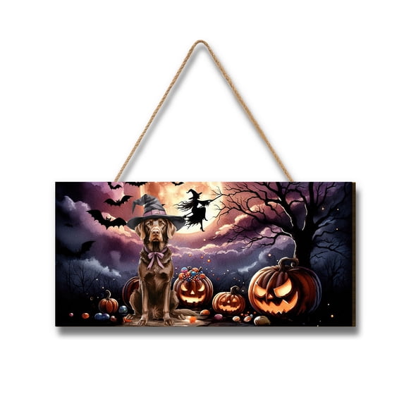 Spooky Halloween Night Witch Chesapeake Bay Retriever Glowing Pumpkins Landscape Wood Sign Chessie Dog Lover Hanging Wall Home Decor - 12015