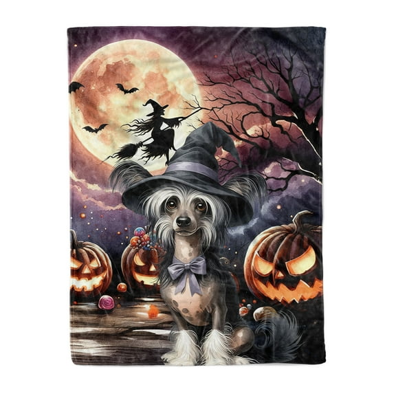 Spooky Halloween Night Witch Chinese Crested Glowing Pumpkins Cozy Fleece Blanket Dog Lover Warm Soft Throw Blanket - 12015