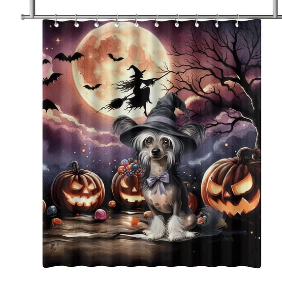 Spooky Halloween Night Witch Chinese Crested Glowing Pumpkins Shower Curtain Dog Lover Waterproof Bathroom Bathtub Curtain - 12015