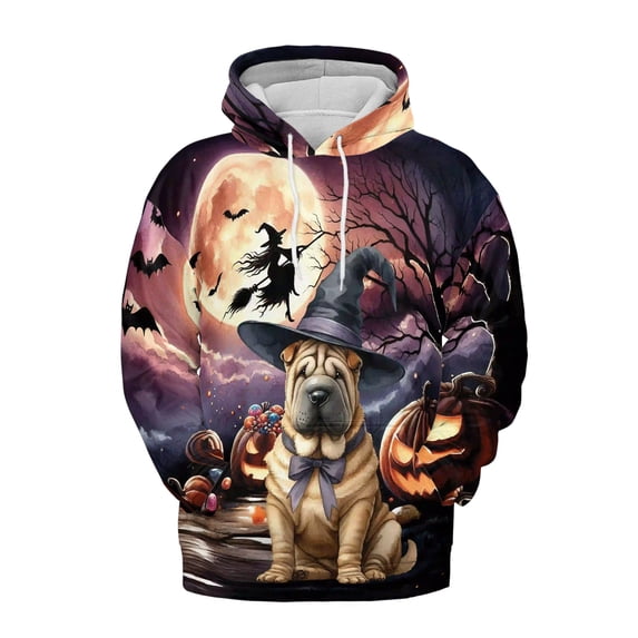 Spooky Halloween Night Witch Chinese Shar-Pei Glowing Pumpkins All Over Print 3D Hoodie Unisex Merch Hoodies Dog Lover - 12015